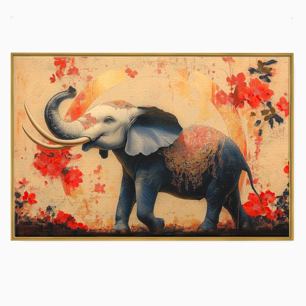 Tablou canvas cu tablou canvas cu elefant albastru, in rama de aluminiu auriu